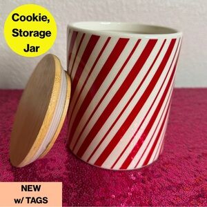 2/for $20 🪩 Peppermint, Candy Cane Striped Ceramic Cookie Jar, Wooden Lid